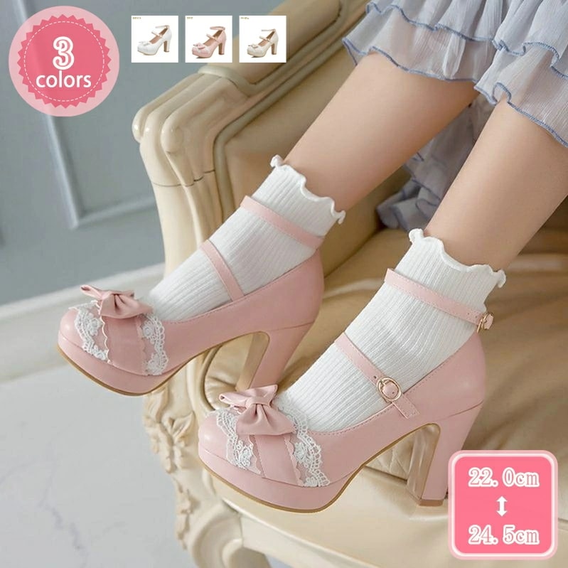 1000円OFFクーポン パンプス ハロウィン コスプレ ロリータ 太ヒール ストラップ リボン レース 痛くない 脱げない お嬢様 ガーリー 可愛い 歩きやすい 小さいサイズ 大きいサイズ ホワイト