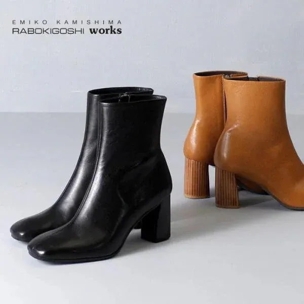 ラボキゴシ RABOKIGOSHI works 12519 ショートブーツ レディース 本革 ヒール スクエアトゥ 黒 チャンキーヒール 日本製 ファスナー付き セール