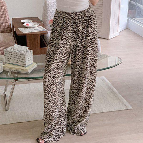 Hスタイル(PT)Pヒョウ柄プリーツパンツ 夏 女性 ビッグサイズ バンドパンツ スラックス ワイドパンツ ストレートパンツ 休暇