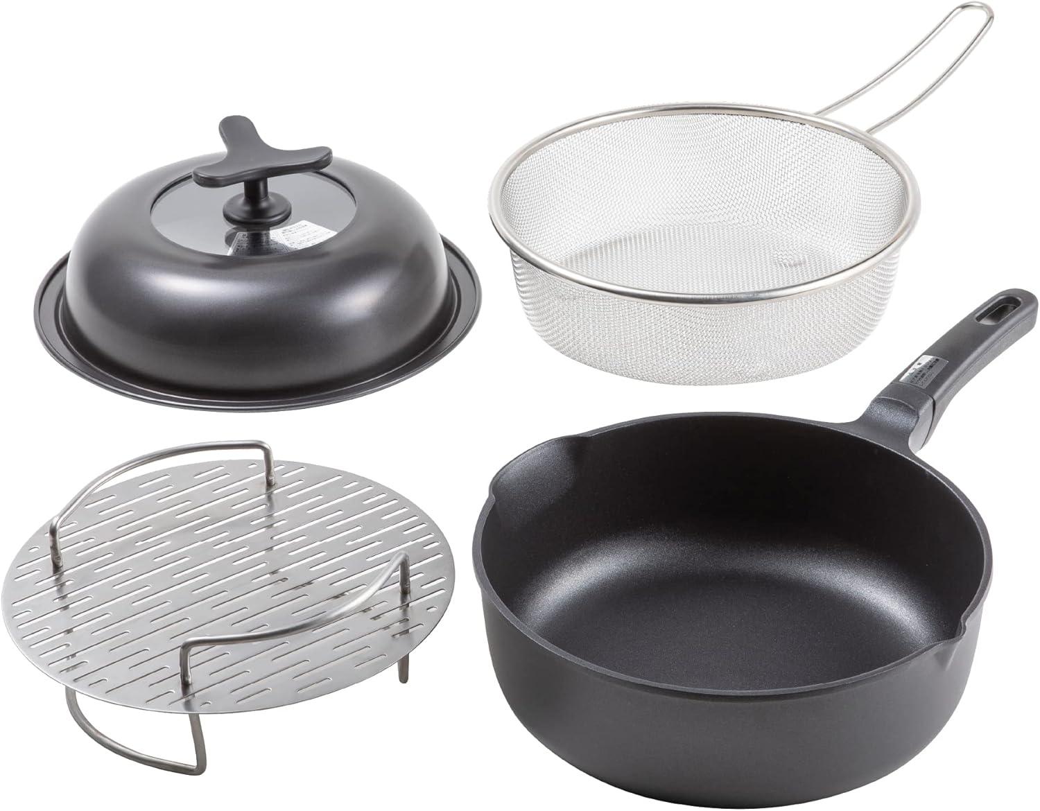 深型 マルチ フライパン 24cm ガス火 IH対応 ドーム型 フライパンカバー 2段 調理 蒸し皿 湯切り すくい ザル 4点 セット 093RC1087