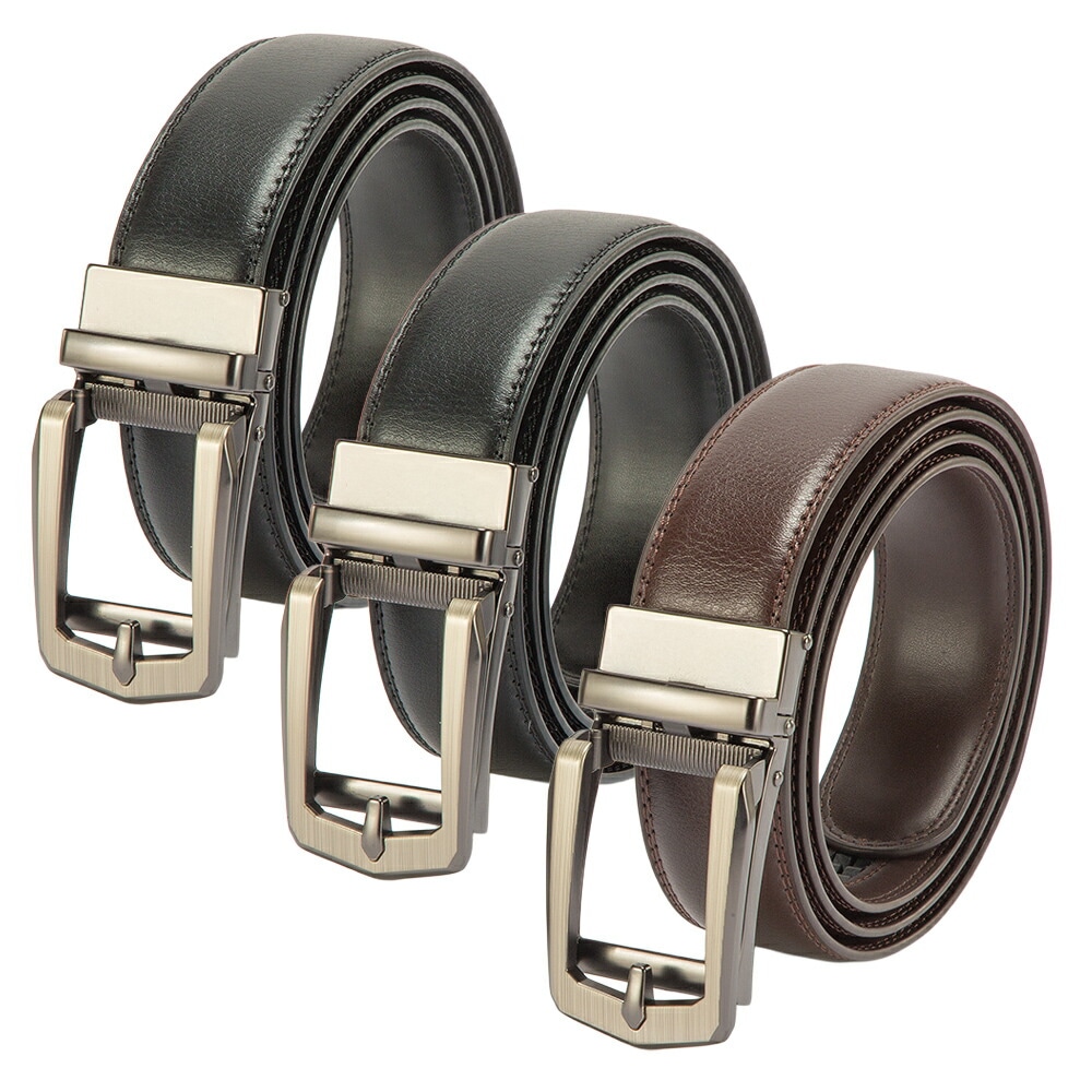 牛革ラチェット式ベルト レギュラー 3本組 ラチェットベルト メンズ 牛革 穴なし ビジネスベルト ホールレスベルト メンズベルト ベルトセット