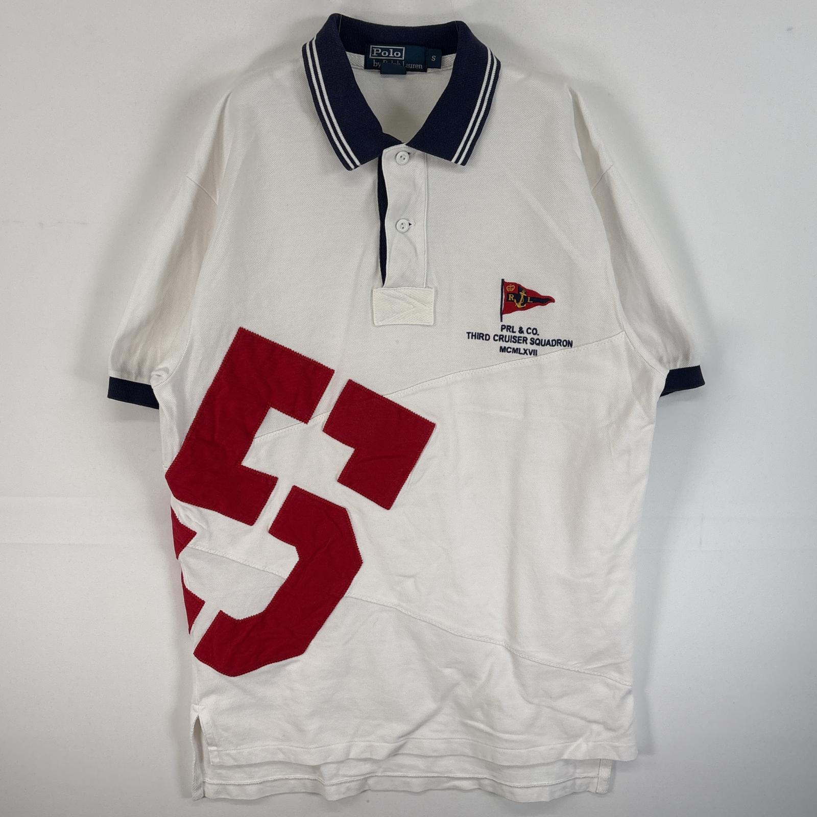 古着 90s/90年代 ポロバイラルフローレン Polo by Ralph Lauren 鹿の子 半袖 ラガーシャツ ロゴ 刺繍 ワッペン ラバーボタン S ホワイト系 ツートン メンズ