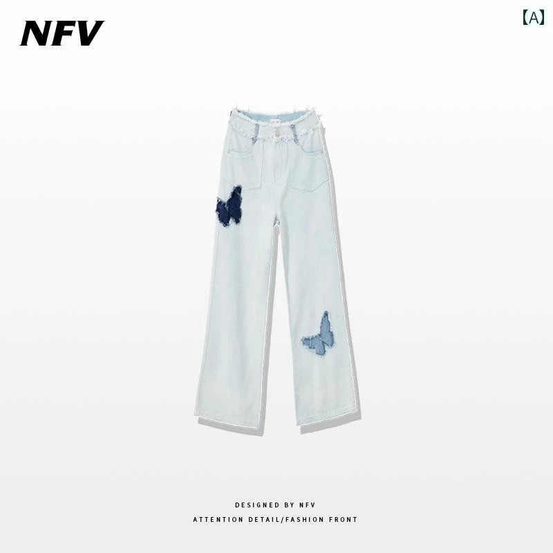 デニムパンツ レディース ジーンズ レトロ 蝶 刺繍 夏 アメリカン ストリート ストレート パンツ ブルー