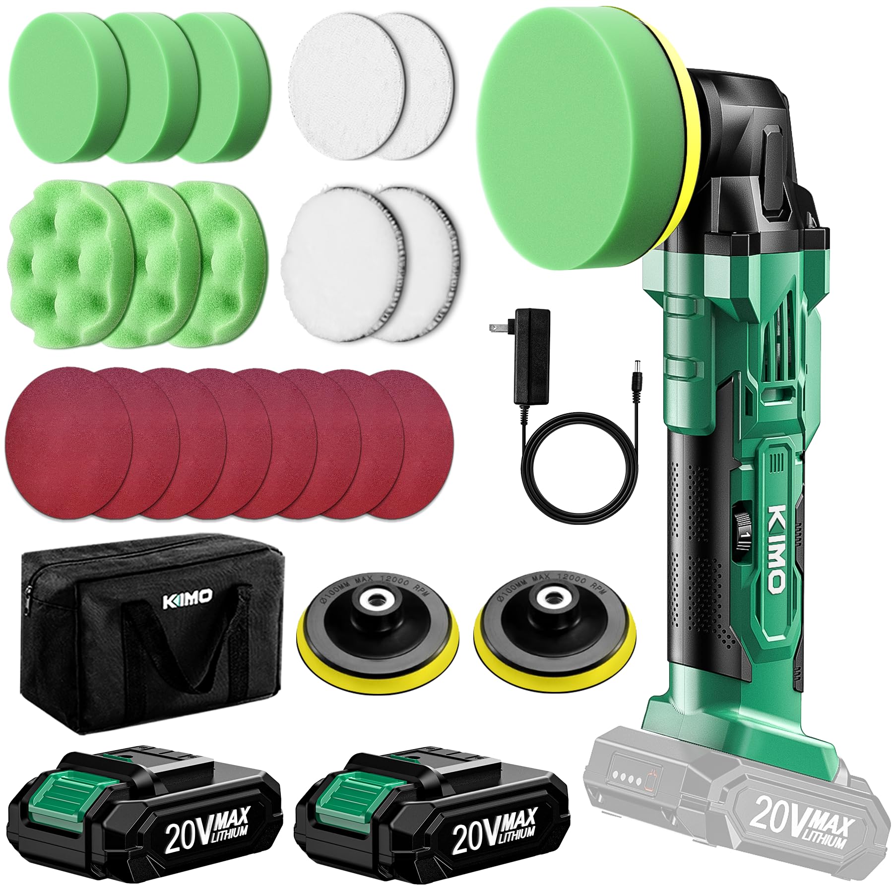 KIMO ポリッシャー 車 電動ポリッシャー 充電式ポリッシャー コードレス 2.0AHバッテリー*2個 6段変速 大直径バフで効率アップ 研磨 軽量 車用 車磨き 家庭用 ホイール磨き 艶出し 傷消