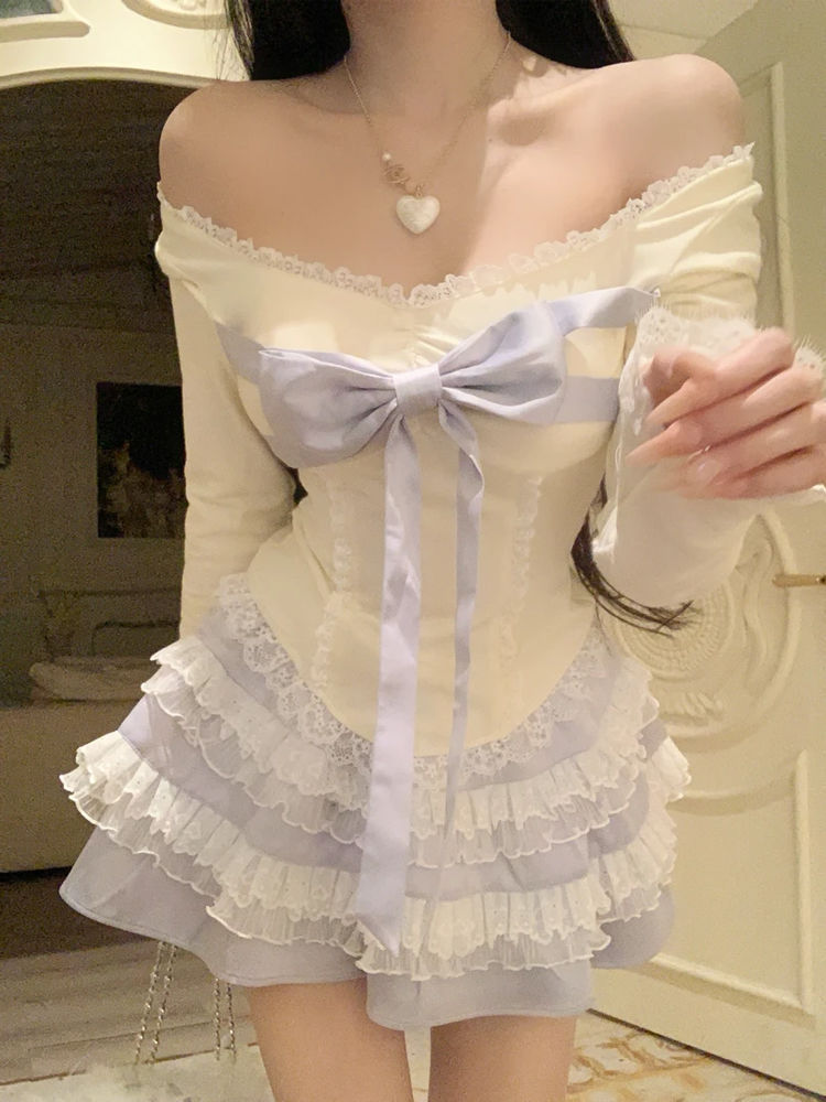 【送料無料】レース2025春夏新気質学院風リボンステッチ1字肩掛けトップスケーキスカートスカートスカート2枚組女性ラブリー夏服韓国オンニ