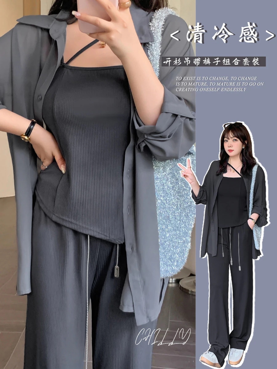 Hot!!!【ぽちゃまに】 春秋 上下3セット 大きいサイズ ブラウス＋キャミソール＋ロングパンツ 体型カバー レディース セットアップ メガ割