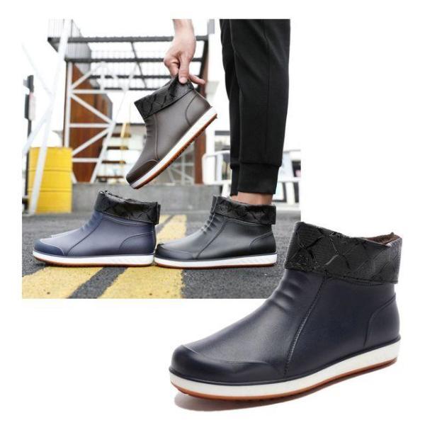 メンズ ハーフ ゴム長靴 レインブーツ 起毛 裏地 冬の防寒