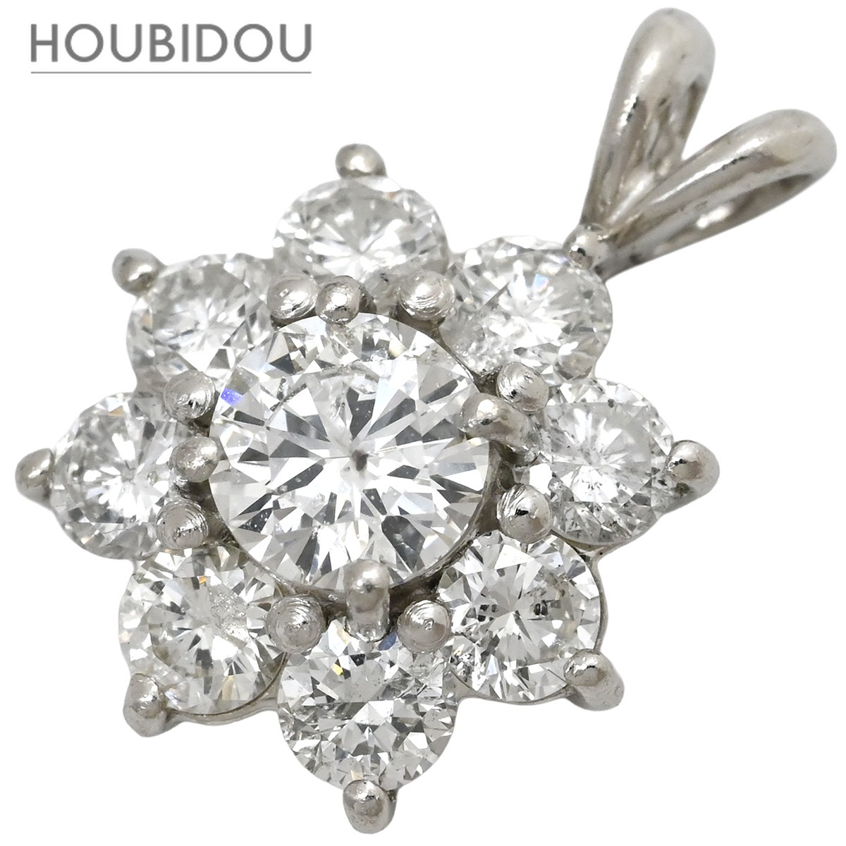 ペンダントトップ プラチナム ダイヤ 1.0ct プラチナシルバー Pt900 フラワーモチーフ クラスター V字金具 【中古】