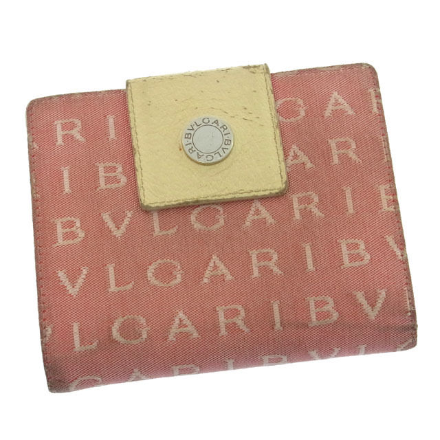 ブルガリWホック財布 二つ折り ロゴマニア ロゴボタン付き レッド ベージュ シルバー 中古