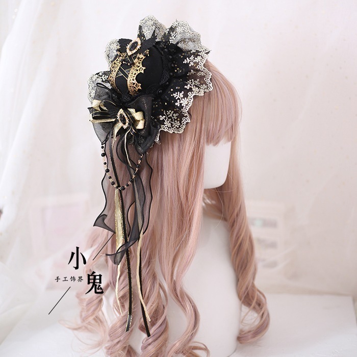 黒のブロンズロリータヘッドバンド黒と赤のゴシック様式の小さなシルクハットゴージャスなヘッドバンド 母の日-0009643