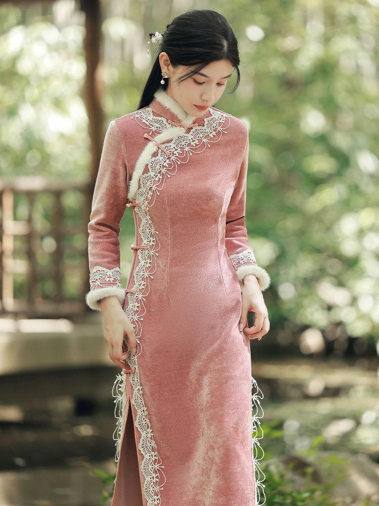 ピンクプラスベルベット肥厚ミス改良チャイナドレス2025長袖冬老上海少女 母の日 母の日-0008591