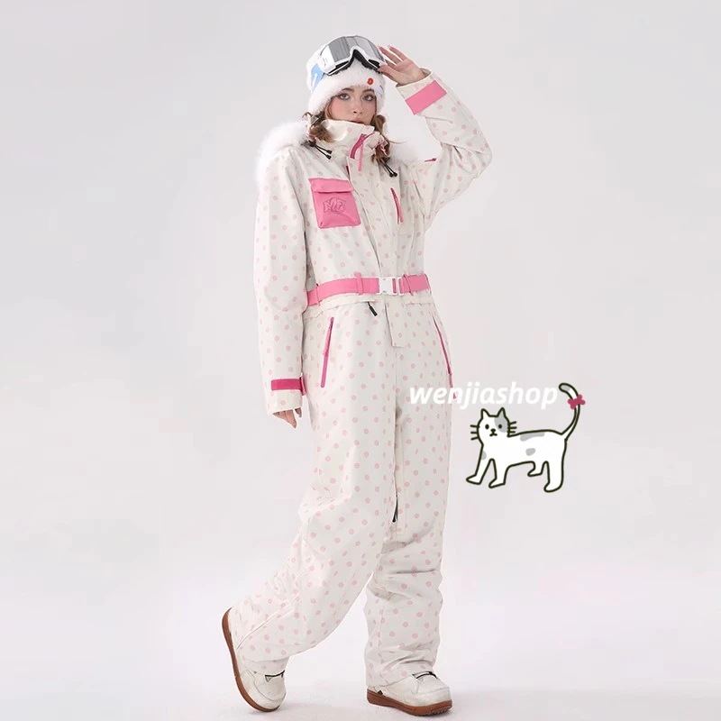 スノーボードウェア 2024 2025 上下セット つなぎ メンズ レディース オールインワン デニムパンツ ドット柄 ウィンタースポーツ 韓国風 防水 スノーウェア スキーウェア スノボウェア