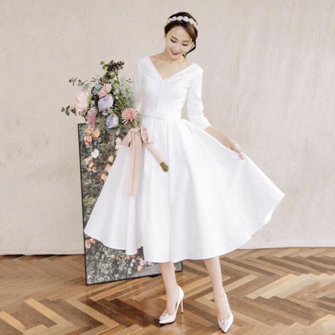 ロングドレス ウェディングドレス 花嫁ドレス Aライン フレアワンピース 五分袖 Vネック 二次会ドレス フォーマルドレス シンプル パーティードレス 細見え エレガント ブライダル 演奏会 音楽会