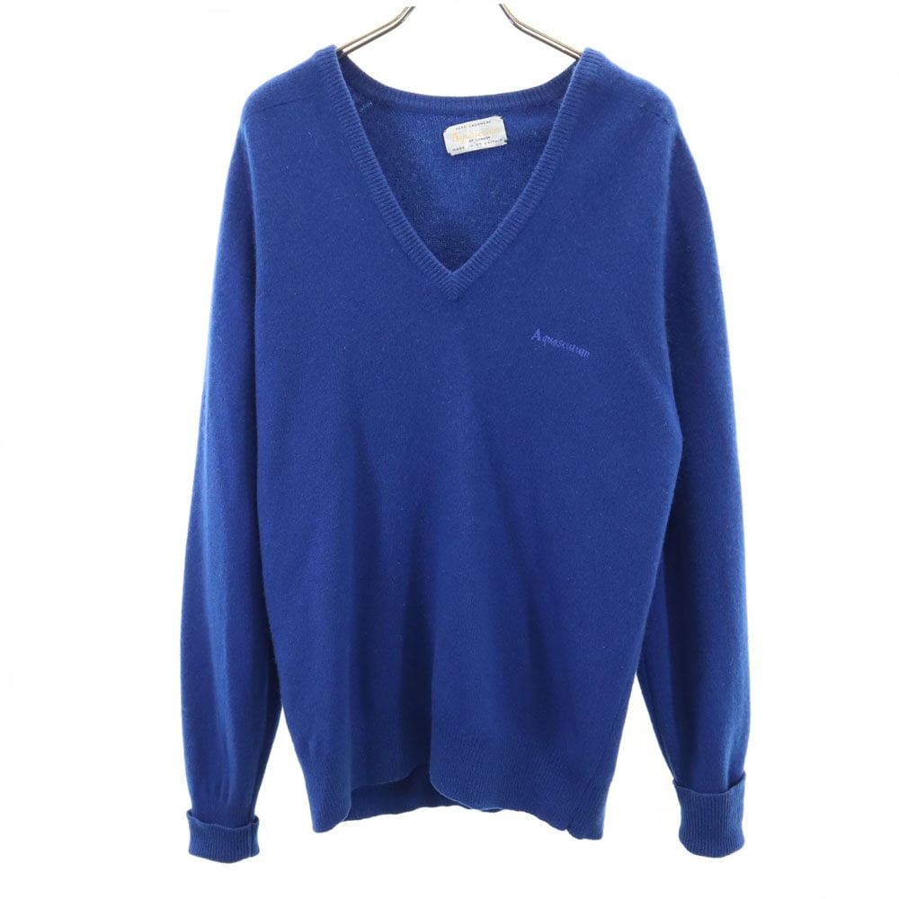 70s 80s カシミヤ100％ ヴィンテージ 長袖 Vネック セーター 青紺 ニット レディース