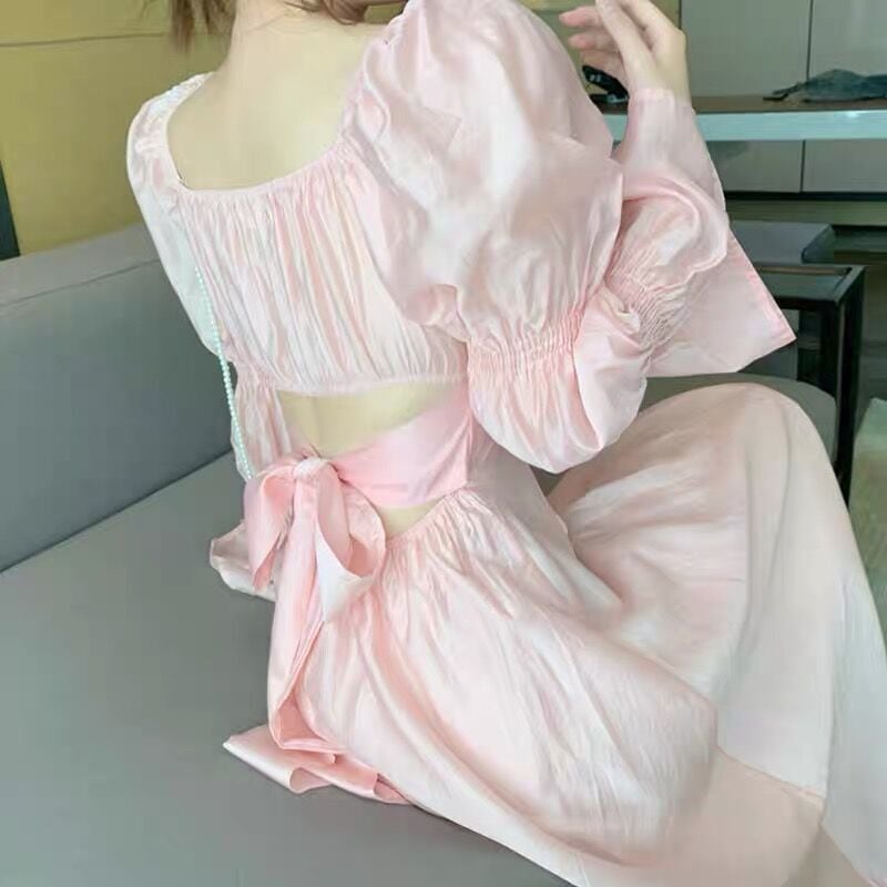 ワンピース ドレス ミモレ丈 袖あり 長袖 キャンディスリーブ スクエアネック ストレート プリーツ ウエストマーク ハイウエスト バックボｔン 背中開き 大人可愛い きれいめ 上品 おしゃれ