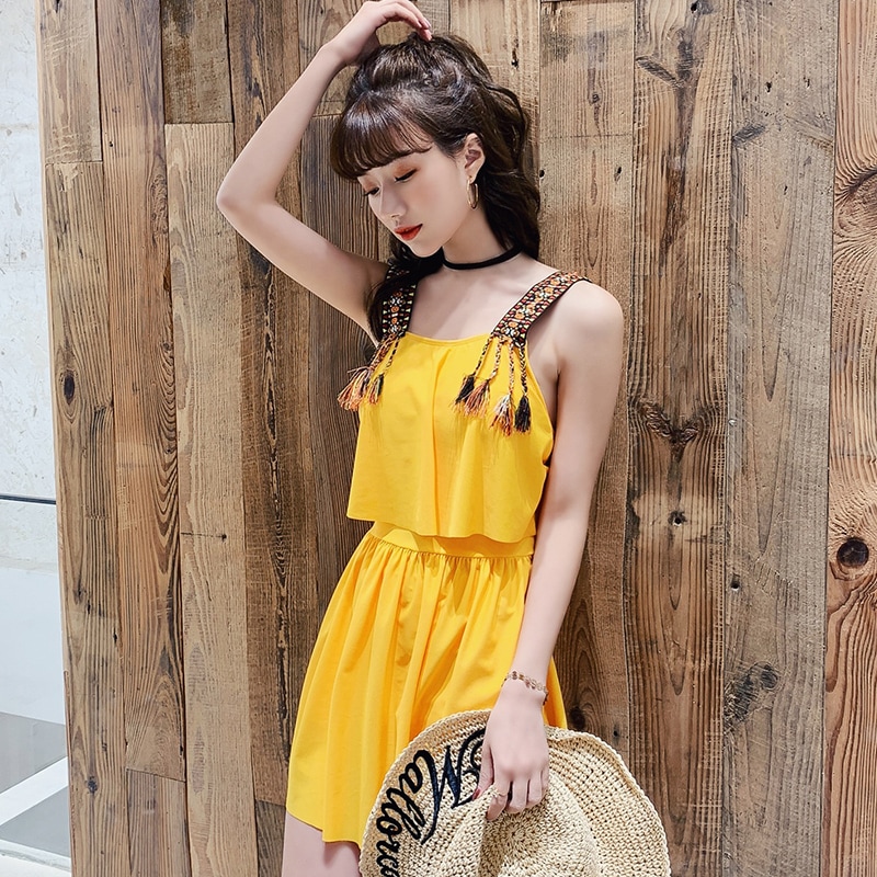 チロリアンテープ 水着 ビキニ スイムウェア ワンピース水着 ショートパンツ 短パン ワンピース パッド付き バックコンシャス 伸縮性 2点セット ツーピース かわいい シンプル おしゃれ お洒落