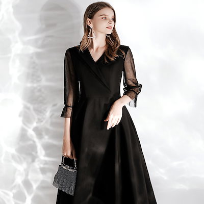 ドレス 発表会 ミモレ丈ドレス ピアノ ウエディングドレス 袖あり 結婚式 二次会