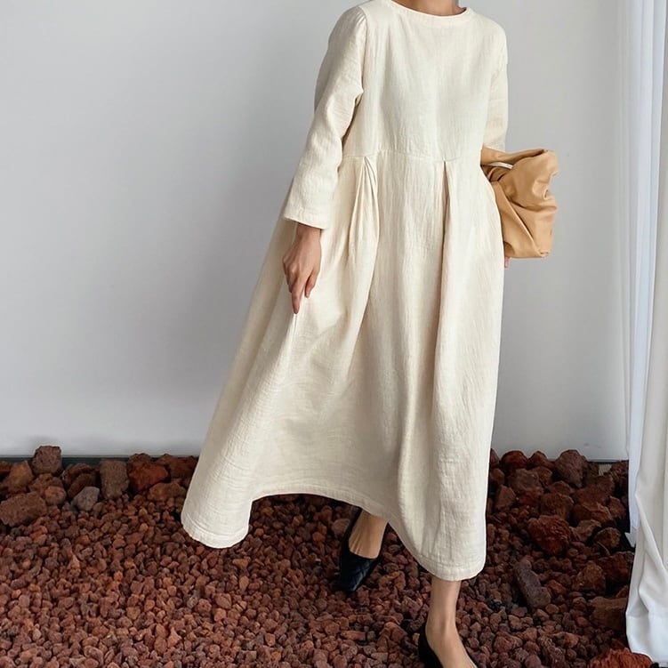 ワンピース 麻 ワントーン ワンカラー 七分袖 袖あり ゆったり 体型カバー ハイウエスト ウエスト切り替え 脚長効果 オーバーサイズ ビッグシルエット 涼しげ 春 夏 秋 スプリング lone001