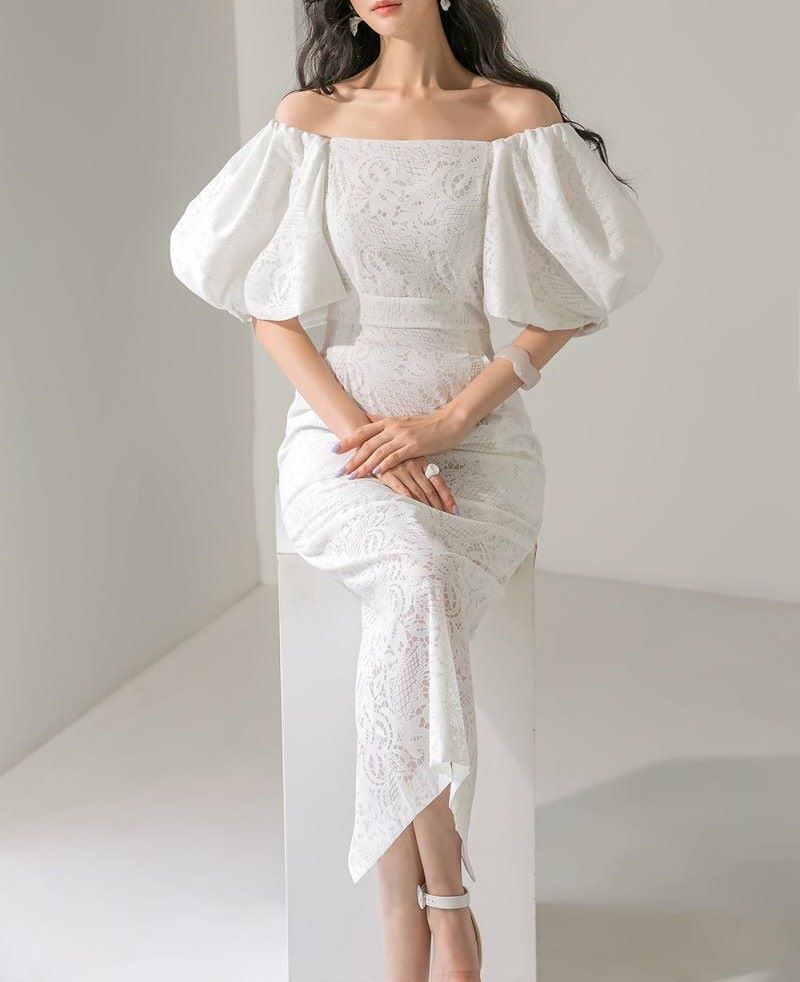 パーティードレス 披露宴ドレス ワンピドレス ミモレ丈 ロング ボリューム袖 オフショルダー レース ウエストマーク きれいめ 大人 上品 おしゃれ お洒落 エレガント 清楚 レディース お出かけ