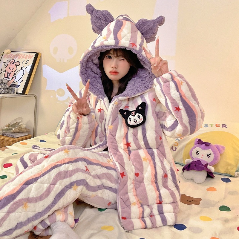かわいいパジャマ冬の女性虹の珊瑚絨毯三重綿挟み保温厚手加絨連帽部屋着セット
