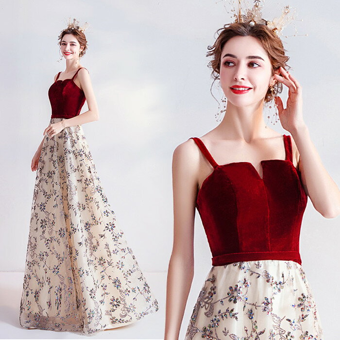カラードレス 赤着後ﾚﾋﾞｭｰ特典ウェストマーク＆異素材切り替えでメリハリ キャミ パーティードレス レッド ホワイト 花柄 フラワー ノースリーブ ベロア 切り替え 結婚式 パーティー ロング 二次