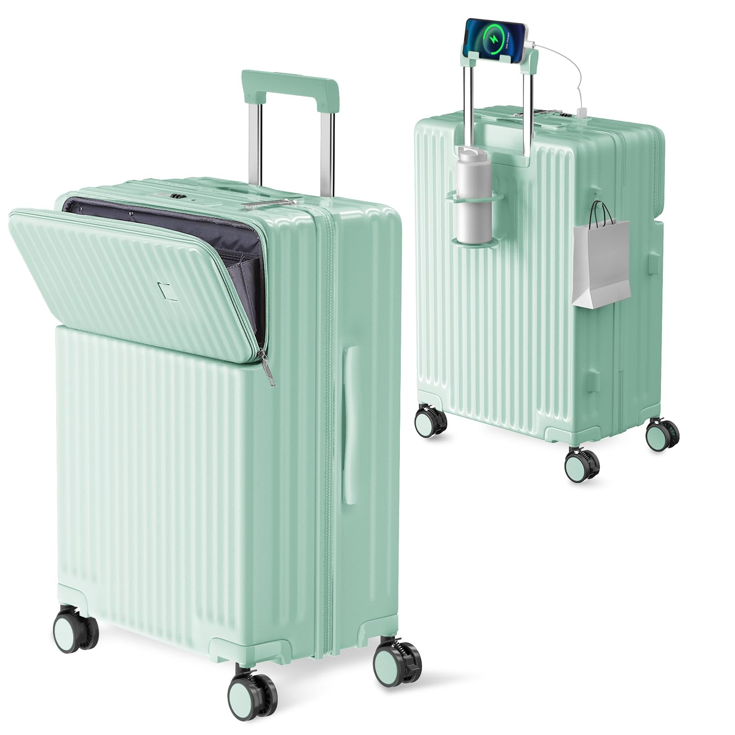 [Ashard] キャリーケース 多機能 スーツケース ストッパー付き Type C と USBポート付き フロントオープン ジッパー キャリーバッグ 携帯スタンド カップホルダー付き 隠しフック機能