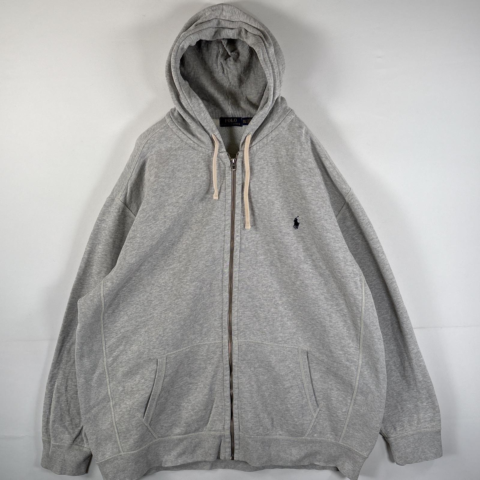 古着 パーカー ワンポイントロゴ刺繍 フルジップ 大きいサイズ フーディー 3XLT グレー メンズ