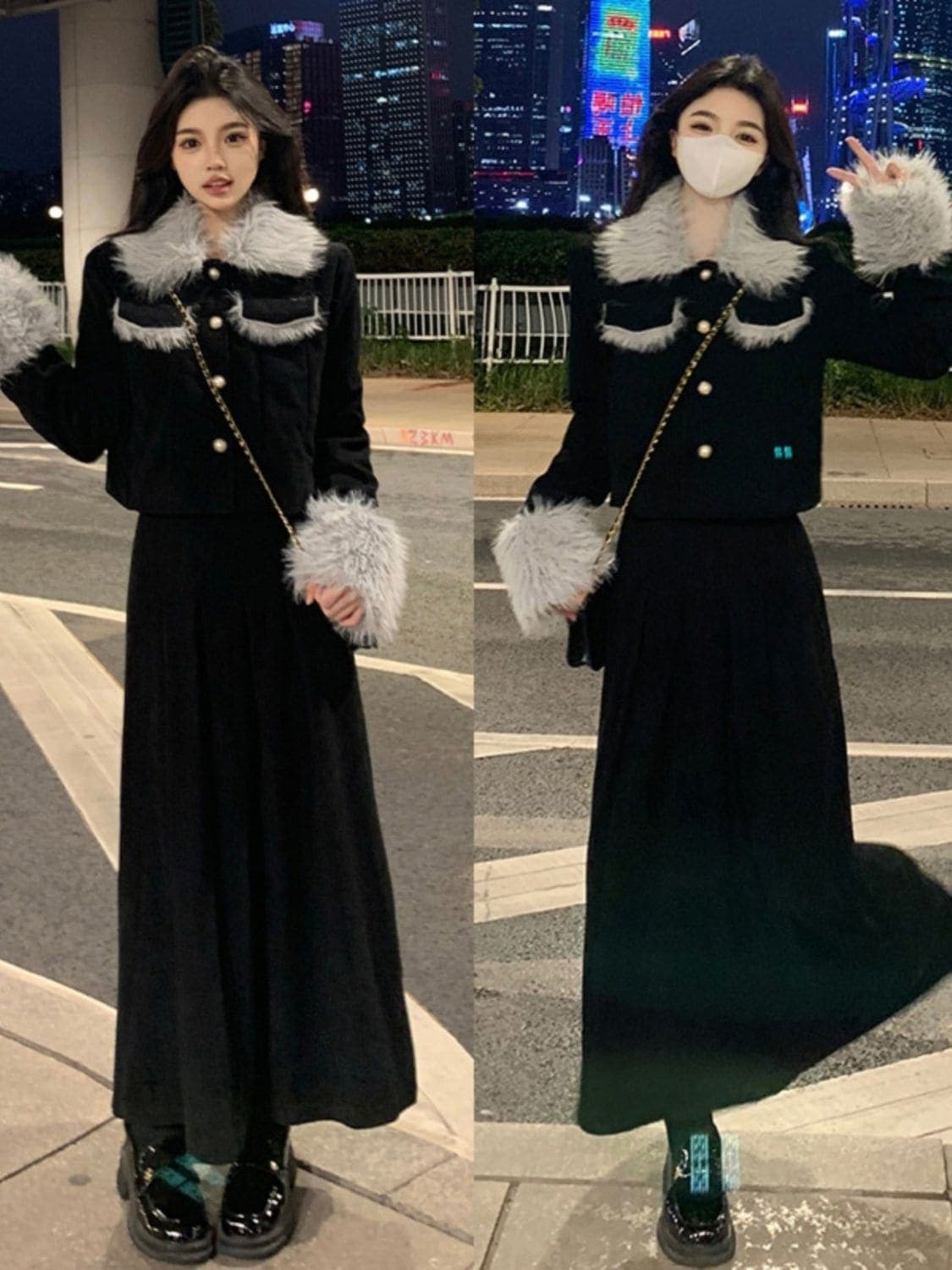 豪華なスプライシングラペル長袖ブラウス2点セットハイウエスト半身スカートスーツ女性