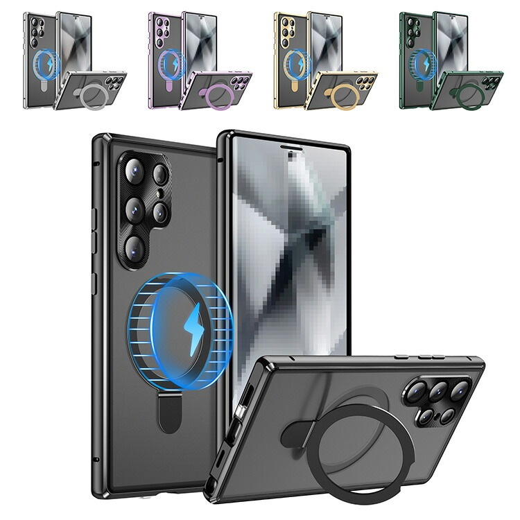 Galaxy S25 ケース アルミ バンパー S25+ S25 Ultra カバー 前強化ガラス かっこいい アルミバンパー 一体型リング付き ロック付き カメラ保護 クリア 透明 両面 マグネッ