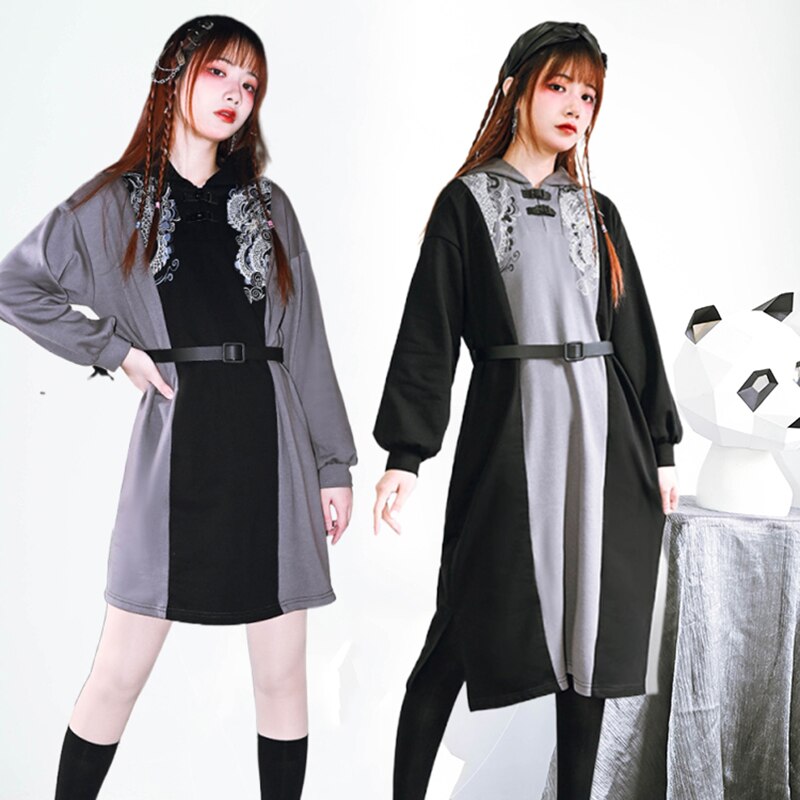 パーカーワンピース フード付き 配色 チャイナ風ワンピース ミニ丈 膝丈 長袖 プリント 7,321円