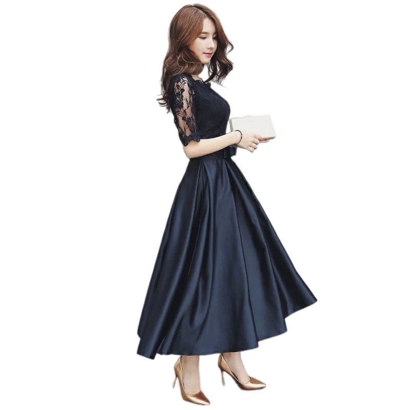 パーティドレス ロイヤルレースサテン エレガント大人可愛い 結婚式・成人式・謝恩会用 見た目丈高ミモレ丈 おしゃれ オケージョンドレス