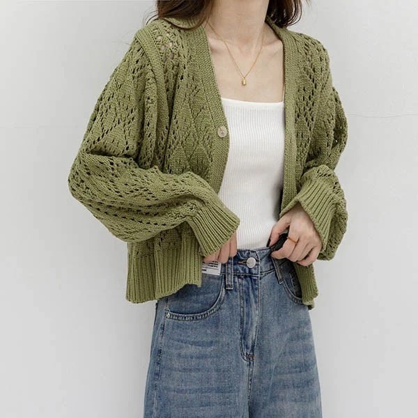 トップスニットニット 透かし編み サマー 夏 かぎ編み 冷房対策 ボレロ フロントボタン 日焼け対策 長袖 ショート 冷え性対策 クロシェ編み カーディガン セーター トップス クロシェニット