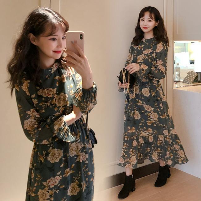 春 夏 花柄ワンピース ロング ワンピース 秋 レディース シフォンワンピース 長袖 マキシワンピース 花柄 長袖ワンピース 春 レトロ ミモレワンピース