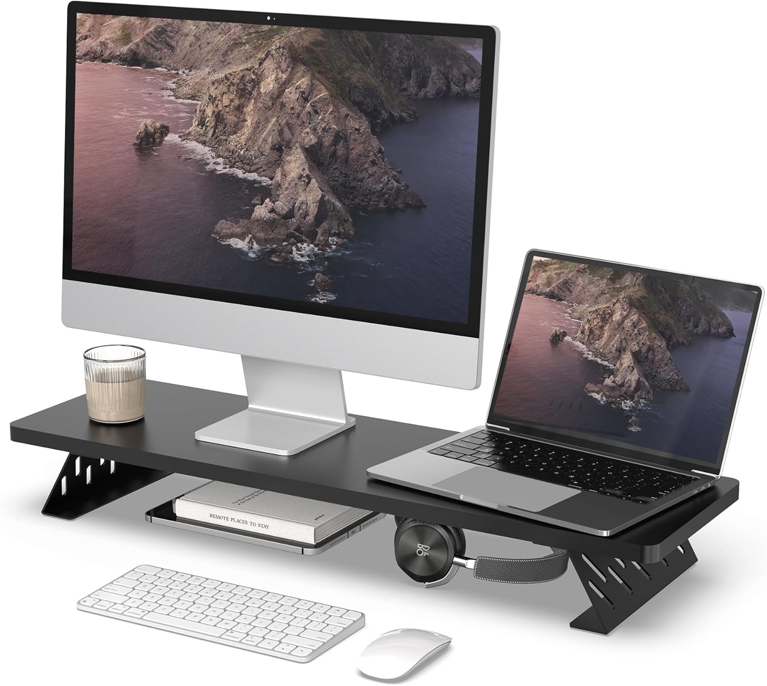 モニター台 卓上 モニタースタンド デスクシェルフ パソコン台 幅80cm 木製 スチール製 pc モニター台 机上台 卓上ラック 机上ラック デスク周り収納 (ブラック) 41205