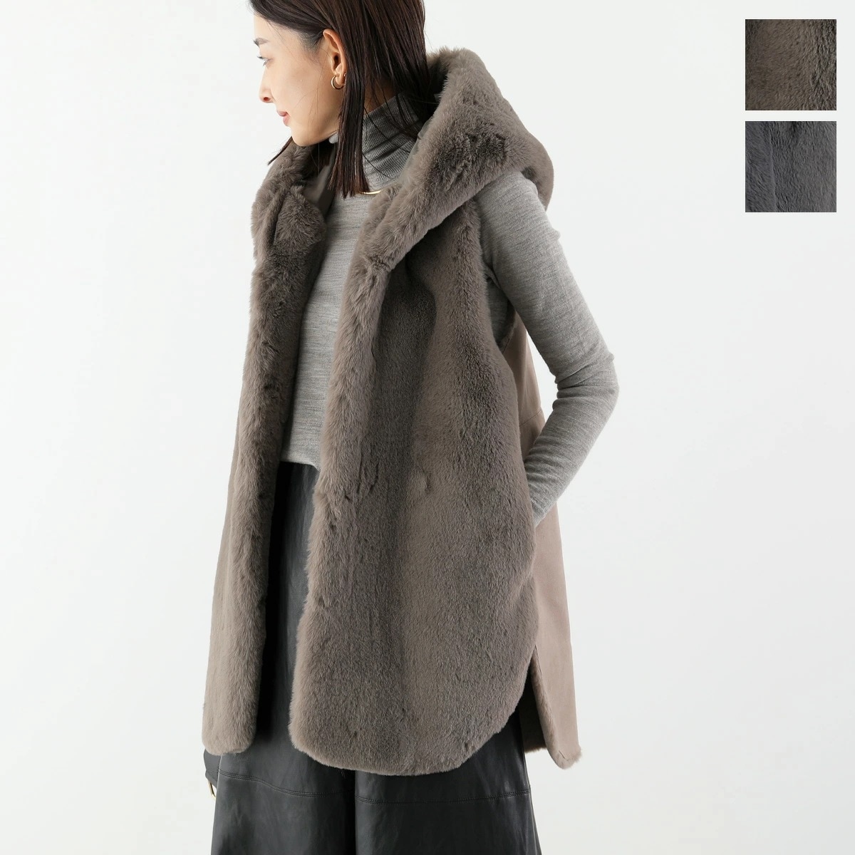 PASSIONE パシオーネ ファーベスト 546403 レディース フェイクファー フェイクムートン ジレ フード付 ミディ丈 カラー2色