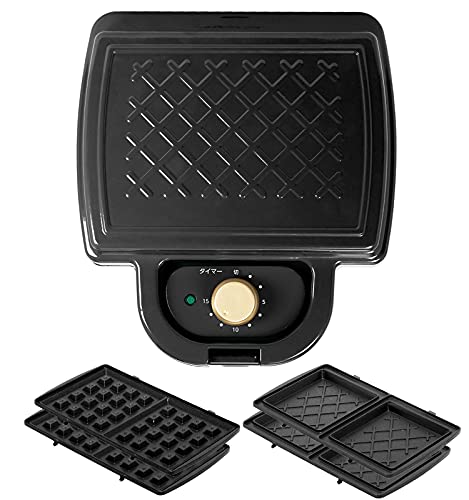 東京Deco ホットサンドメーカー 電気 ダブル 耳まで焼ける ブラック プレート2種 (ホットサンド ワッフル) タイマー付き 着脱式 厚焼きサンド 両面焼きフライパン プレート お手軽 時短