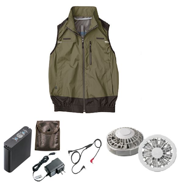 KU92120 空調服 R ポリエステル製 遮熱フルハーネス仕様ベスト FAN2200G・RD9261・LIPRO2セット カーキグリーン 4L