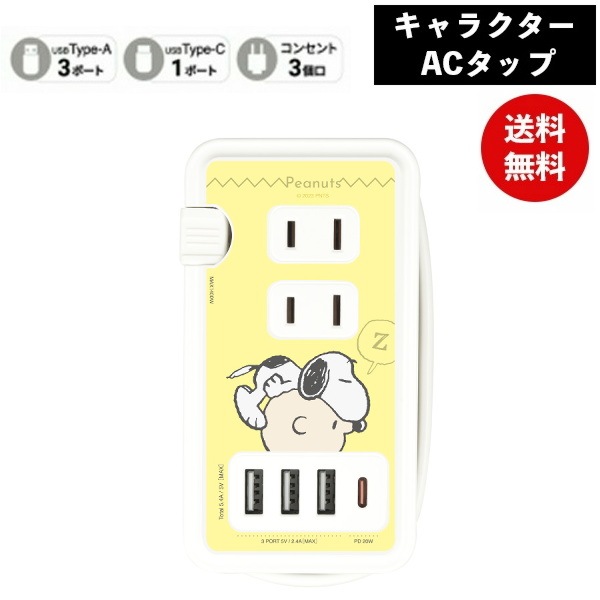 ピーナッツUSB/USB Type-C付き ACタップ チャーリー・ブラウン SNG-783C スヌーピー 電源タップ コンセント スマホ ACアダプタ AC充電器 ACプラグ USB 充電