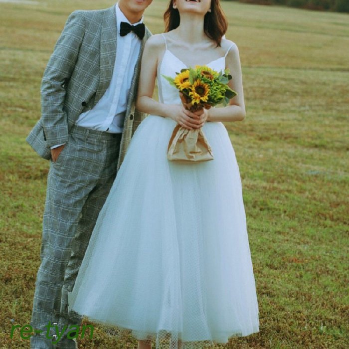 ウェディングドレスミモレ丈白 花嫁二次会ワンピース 結婚式コンサート演奏会パーティーブライダル Aラ