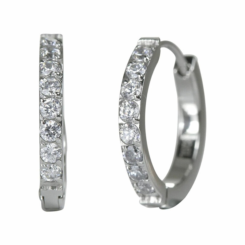 [Negozietto] ネゴツィエット ピアス W1S15Q8-N215WG 低金属アレルギー ステンレス 316L フープ 平打ち 中折れ 8石CZ付 2mm×15mm ホワイトゴールド