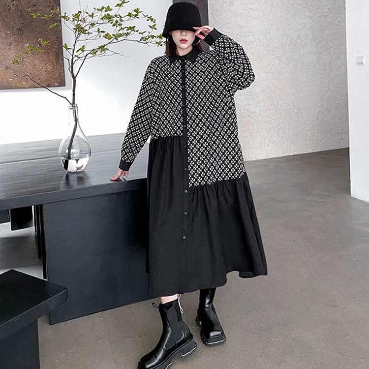 アシメ切替シャツワンピース ロング ワンピース レディース 長袖 綿100 シャツワンピース アシンメトリー 切替え シャツワンピ 前開き 羽織り 羽織襟付き 個性的 モード系 メンズ ビッグシ