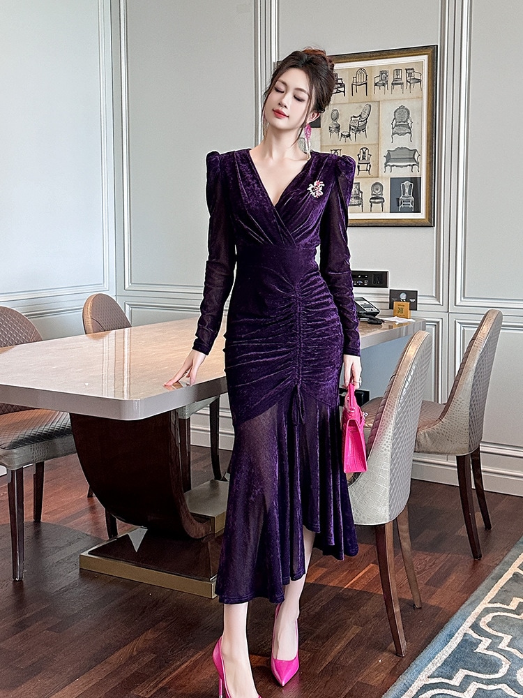 【JY.上品】 2024秋冬新品 ベルベット マーメイド ワンピース ドレス パーティー キャバ 大人 同窓会 披露宴 卒業式 結婚式 演奏会 ウェディング 二次会 メガ割