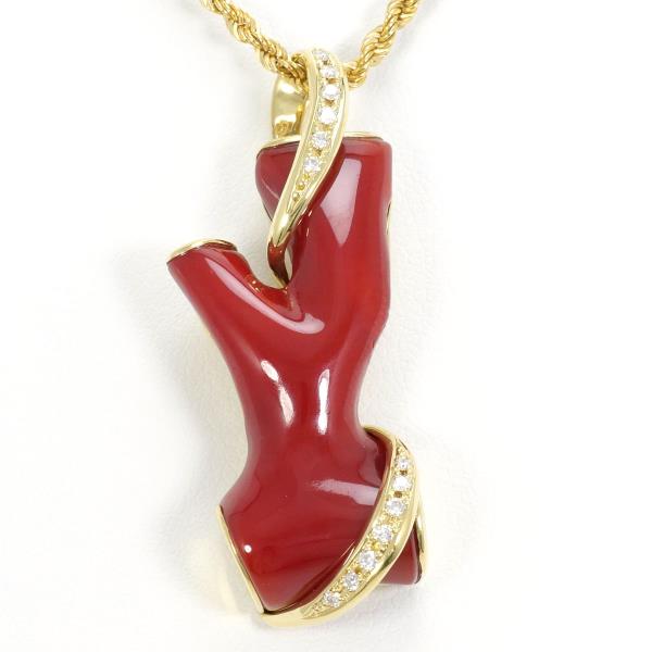 K18 18金 YG ネックレス サンゴ 血赤 ダイヤ 0.12 鑑別書 ジュエリー 中古