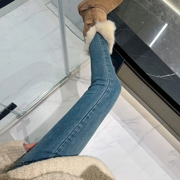レトロブルーストレッチスキニーフリース裏地ジーンズレディース2025年秋冬新作ハイウエスト厚手スリミングペンシルスリムフィット