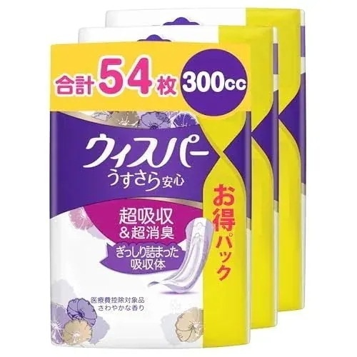 [まとめ買い大容量] ウィスパー うすさら安心 300cc 54枚 (18枚3パック) (女性用 吸水ケア 尿もれパッド)一気にくるモレが心配な方用