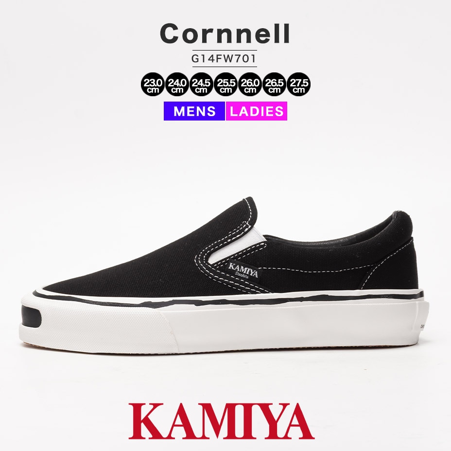 スニーカー メンズ レディース スリッポン 厚底 黒 韓国 ローカット ストリート カジュアルシューズ キャンバス ブランド KAMIYA カミヤ Cornnell コーネル G14FW701 綿
