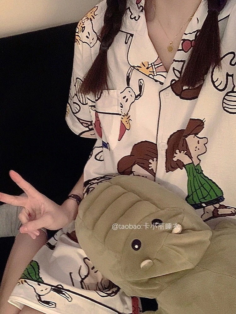 【激安本日限定】可愛いパジャマパジャマパジャマ女の子綿スヌーピーパジャマ半袖夏カップルカーディガン薄手ツーピースホーム服限定30％割引