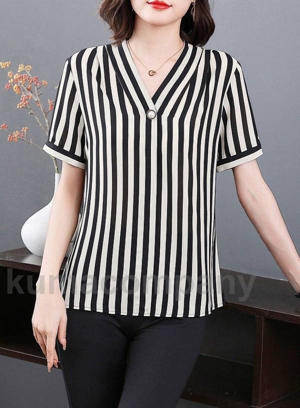 ノーカラー Vネック ブラウス シャツ レディース 半袖 トップス 夏 春 ワンポイント ストライプ 大きいサイズ 3L 4L 5L 6L オフィス ビジネス 通勤服 スーツ インナー きれいめ カジ