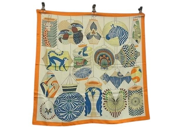 スカーフ カレ90 シルク100％ - LanternesBallons et Cocardes ランタン 風船 帽章 マルチカラー 大判 ストール マフラー ブランド【本物保証】