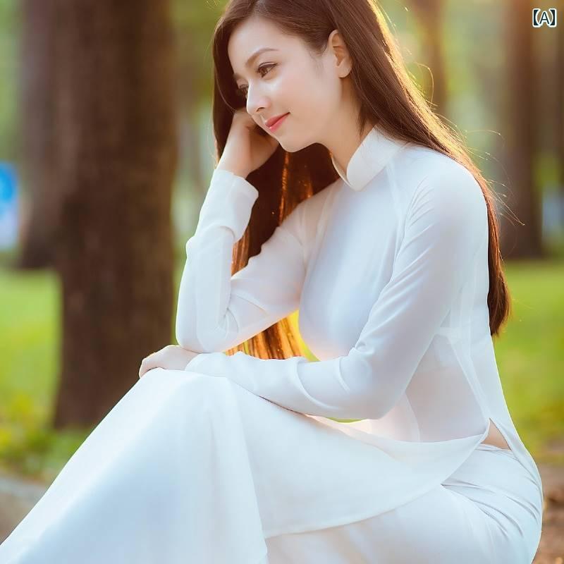 アオザイ チャイナドレス レディース ベトナム フィット レトロ 茶師 毎日 ヨガ ダンス 2点セット ベージュ ブルー レッド